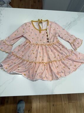 Toddler Pink Floral Ruffle top with Mustard Trim